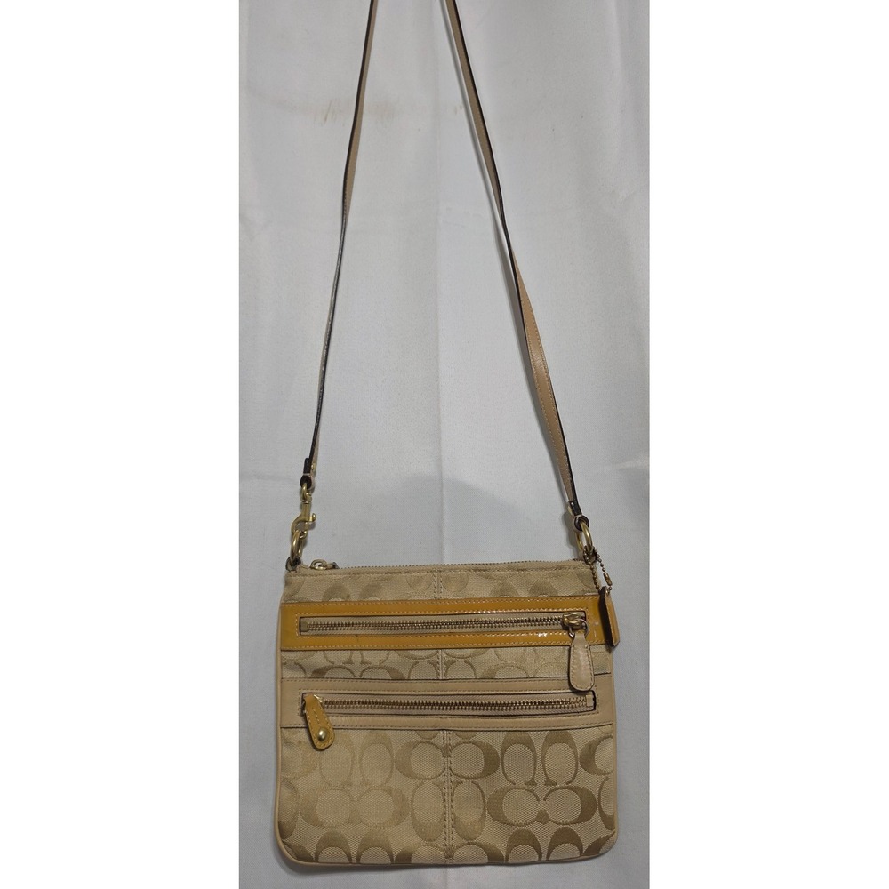 Coach Signature Jacquard Crossbody Bag Tan Beige Monogram Red Lining